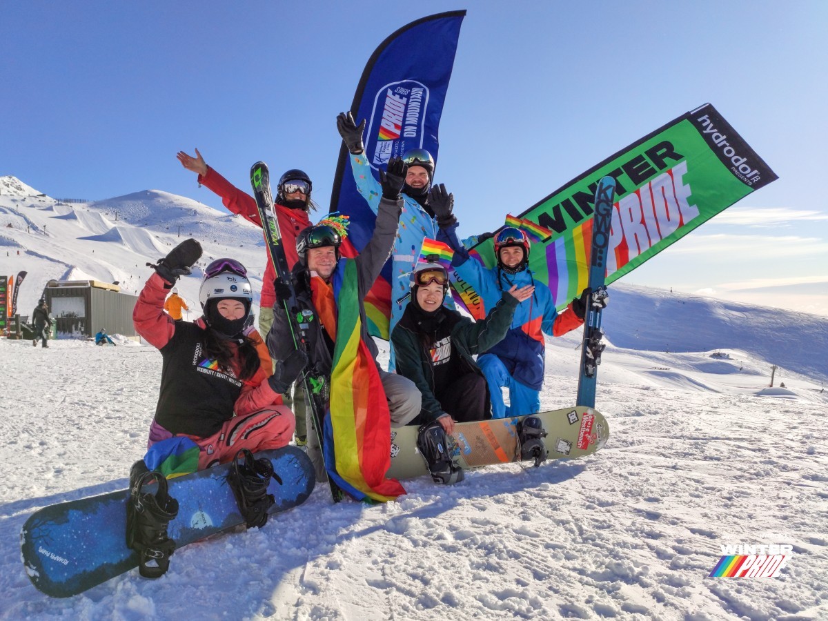 Winter Pride guests on mountain